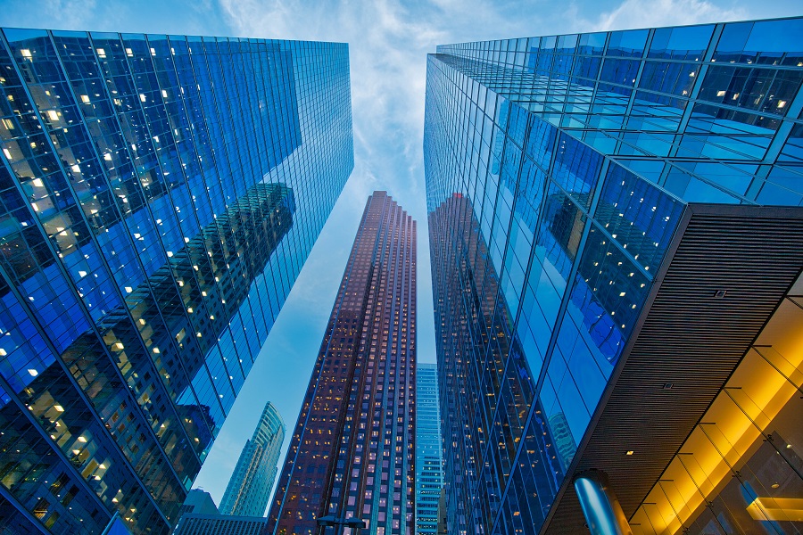 Looking up glass office buildings