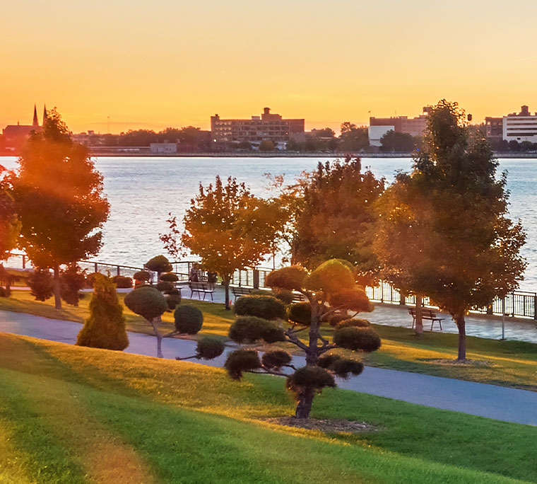 Riverfront Trail at sunset in Windsor, Ontario.