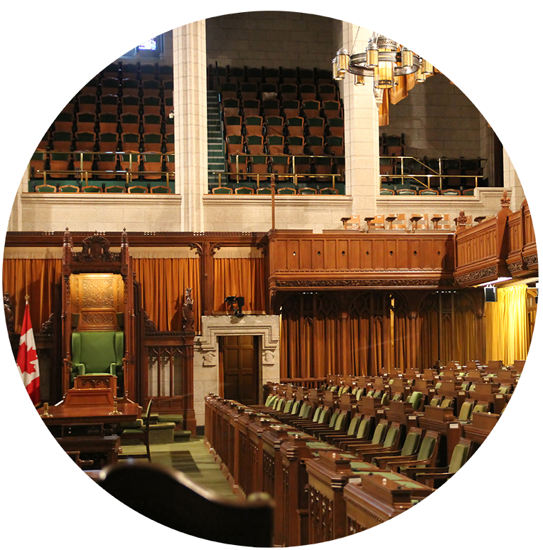 Interior of House of Commons of Canadian Parliament in Ottawa
