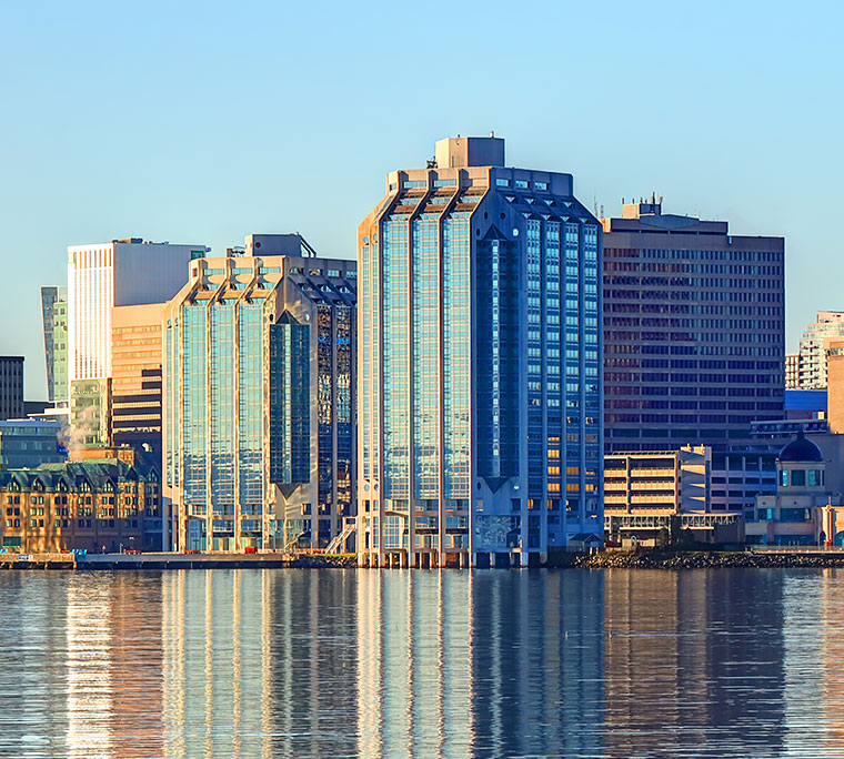 Halifax skyline with Halifax harbour in foreground.