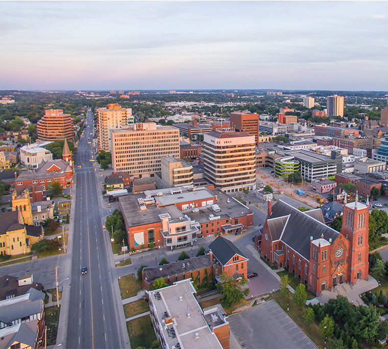 Aerial view of Downtown Kitchener at Sunset.